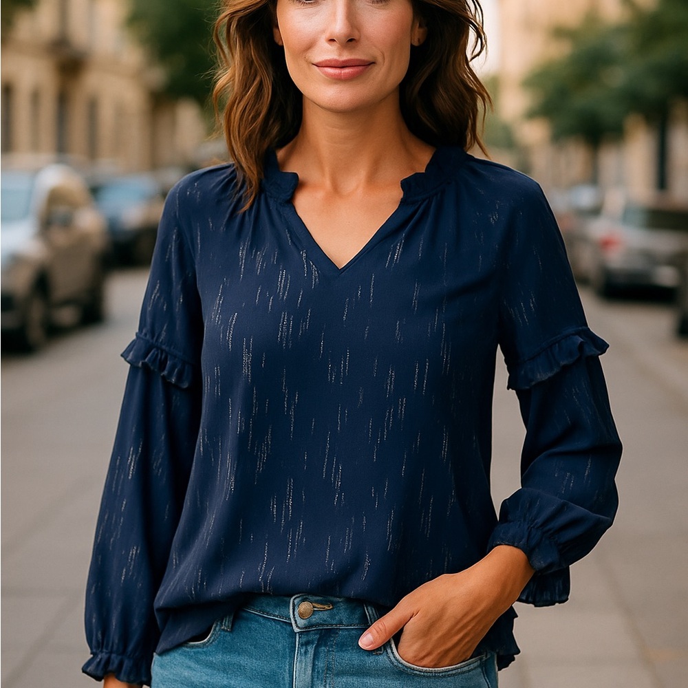 Chic Navy Women's Blouse with Ruffle Details
